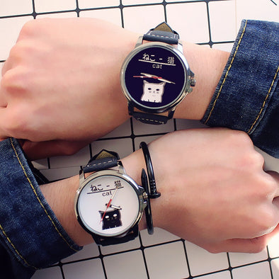 Hot Japan Cat fashion couple watches college style simple casual wristwatch men women student leather quartz watch relogio gift