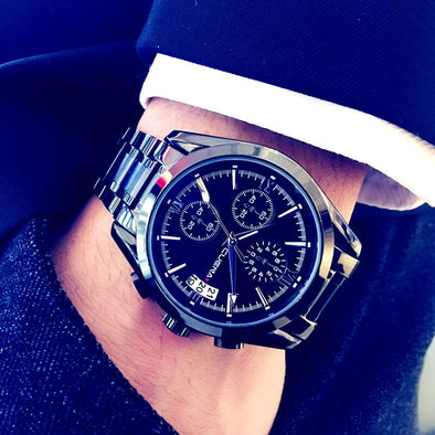 Mens Watches Black Business Quartz Wristwatch Stainless Steel Chronograph Watch