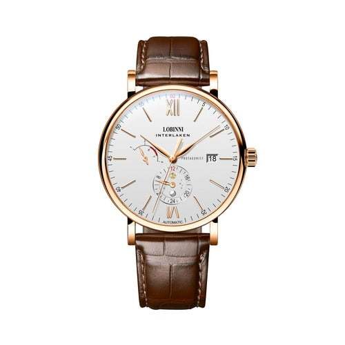 LOBINNI Mens Waterproof Leather/Steel Strap Month Week Date Dial Business Automatic Mechanical Wrist Watch - Silver