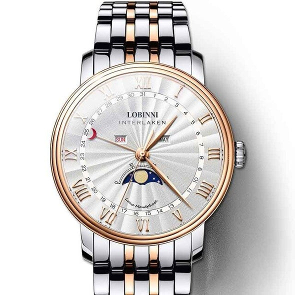 LOBINNI Men Watches Quartz Luxury Brand Watch Men Sapphire Waterproof Moon Phase Calendar Steel Rose Gold Man Hours reloj hombre