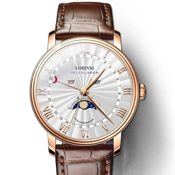 LOBINNI Luxury Brand Men Watches Sapphire Waterproof Moon Phase Quartz Watch Men Leather reloj hombre Calendar horloges mannen