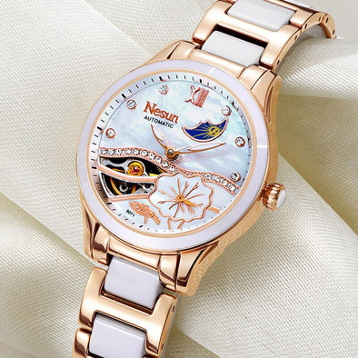 NESUN Fashion Women Automatic Mechanical Wrist Watch Top Luxury Brand Moon Phase Clock Waterproof Ladies Casual Ceramic Watch