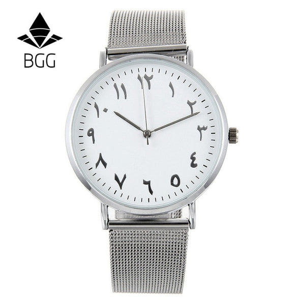 Arabic Numbers dial design women's fashion watch ladies stainless steel silver quartz watches BGG brand Casual Couple watch