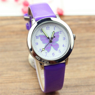 Free shipping kids lovely butterfly dial quartz watch little boys and girls leanr to time animals face luminous hands gift clock
