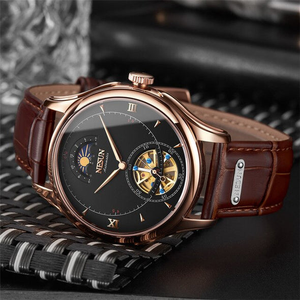 Automatic Watch men luxury brand 2018 Moon Phase Water Resistant Tourbillon Leather Band Watch Jam Tangan Pria Orologio