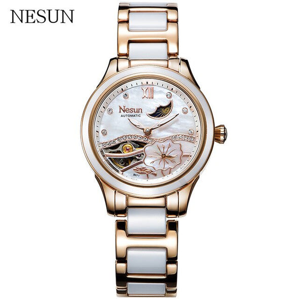 NESUN Women Hollow Automatic Mechanical Watches Luxury Brand Clock Waterproof Fashion Moon Phase Wrist Watch Ladies Reloj Mujer